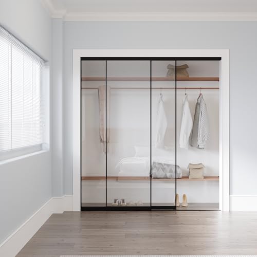 Image of Sliding Closet Doors 48 inch x 80 inch(Double 24.4 inch x 80 inch), 1-Panel Clear Glass Doors Aluminum Frame with Hardware Kit & Guide, Interior Door for Bedroom No Assembly Required, Black