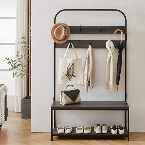 Ibf Coat Rack With Shoe Bench, 3-In-1 Hall Tree With Storage Bench For Entryway, Industrial Metal And Wood Coat Tree With Shelf And Hanging Hook, Dark Gray Oak, 40.0" W X 16.5" D X 70.0" H #TOP1