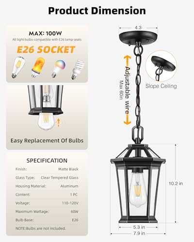 Image of VIANIS Outdoor Pendant Lights, Black Modern Hanging Outside Lantern