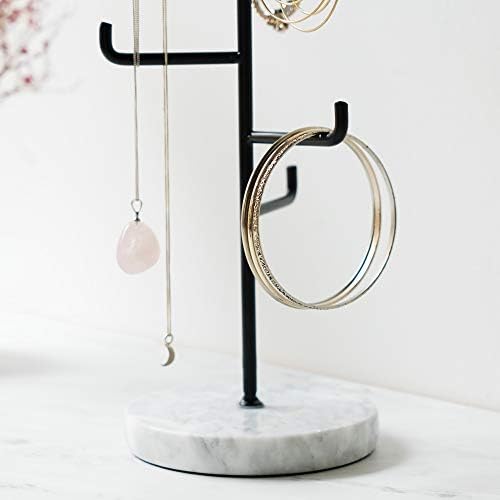 Navaris Metal Jewellery Tree Stand - 6 Tier Organiser with Marble Base - Hanger Display Holder to Store Necklaces Bracelets Rings Accessories - Black