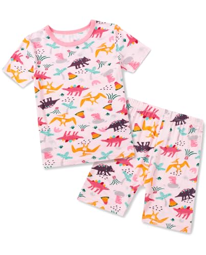 babee Reshinee Bamboo Viscose Toddler Girls Kids Pajama Sets Short Summer Cool Snug fit Sleepwear Pjs 2pcs Set 6-7Y Pink Dino