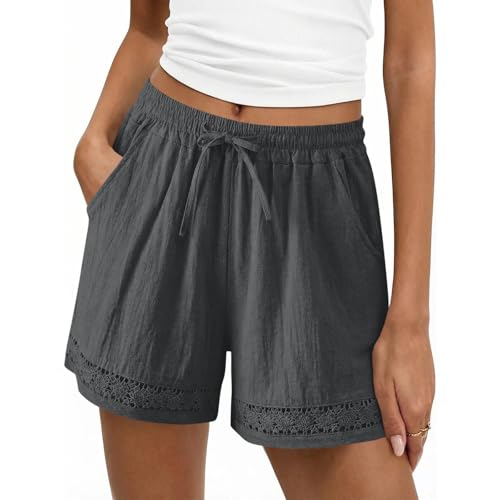 Linen Shorts for Women Lace Trim Shorts Summer Casual Wide Leg Loose High Waisted Drawstring Dressy Short Pants Beach Gray