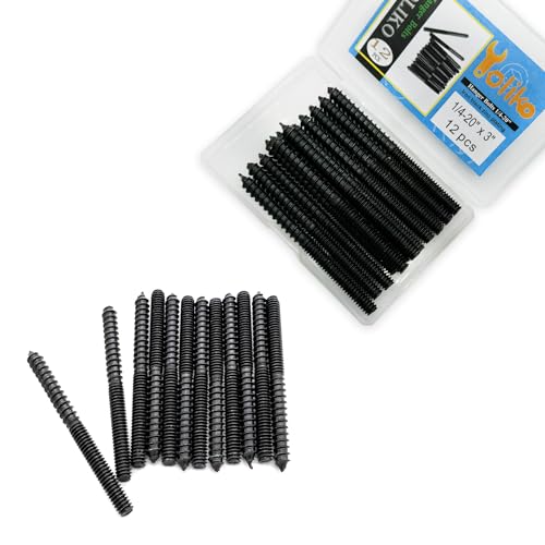 Image of 12 Pack 1 /4-20 x 3 Inch Black Hanger Bolts - Double Headed, Carbon Steel, 1 /4-20 inch Double Screw, Wood Dowel Screw