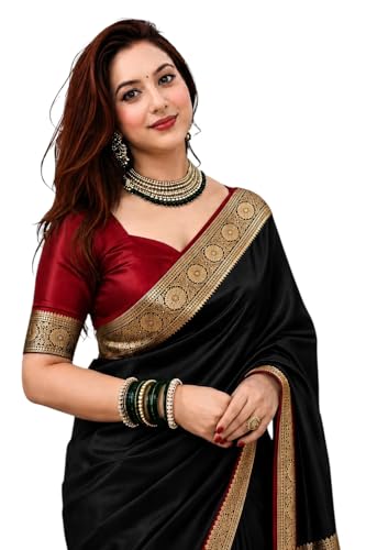 Image of Women's Glory Satin Silk Saree Plain Soft Shiny Elegant Party Traditional Ethnic