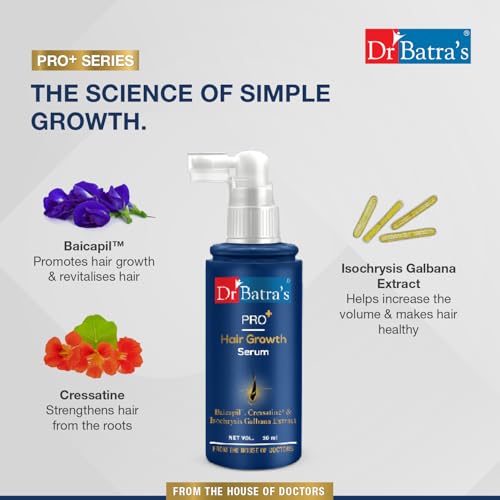 Image of Dr Batra's Pro+ Hair Growth Serum 30ml - Clinically Proven Hair Fall Control & Regrowth Formula with Baicapil, Cressatine & Isochrysis Galbana | Redensyl Scalp Serum | Thicker, Stronger, Fuller Hair Non-Greasy | For Men & Women