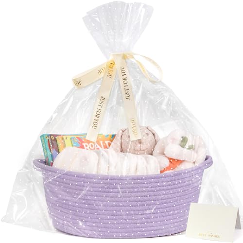 Image of CHICVITA Gift Basket Empty with Bags & Ribbon for Baby Shower, Purple