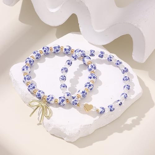 SAMOCO 2Pcs Bow Charm Beaded Bracelets for Women Blue/Pink Flower Vintage Bracelet Handmade Stretch Gold Beads Dainty Jewelry Gift4