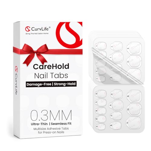 Curvlife CareHold Strong Hold Nail Adhesive Tabs for Valentine Press On Nails 10 Sheets 240pcs 12 Sizes 0.3mm Ultra Thin Waterproof Breathable Nail Glue Stickers Daily Wear and Gentle Removal