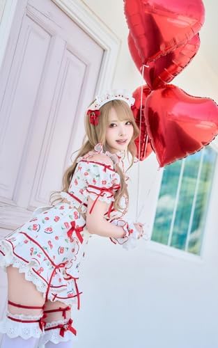 [Malymoon] コスプレ メイド ウエイトレス 家政婦 チェリー さくらんぼ 赤 レッド ホワイト 白 フリル 衣装 仮装 マリームーン 8点セット 10226 詳細画像4