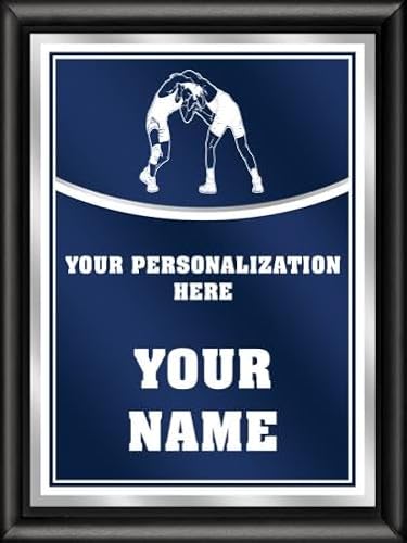 Crown Awards Wrestling Personalized Plaque Award, 6x8 Color Printed Metal Plate with Custom Engraving, Navy Blue with White Plaque On Shiny Black Finish