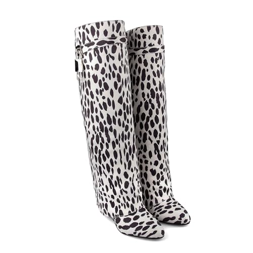 Image of keleimusi Fold Over Wedge Boots Heeled PadLock Pant Knee High Shoes Tall /Short Booties in Cow Print