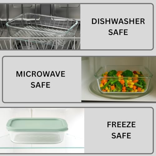 Image of Femora Borosilicate Glass Food Storage Containers with Lids Set of 6 (310ml x2, 520ml x2, 750ml, 1200ml | Rectangular, Airtight & Leakproof | Microwave & Dishwasher Safe | Green