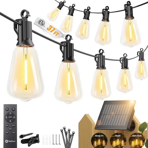 Brightown 37FT Solar String Lights Outdoor Waterproof, Patio Lights with Remote and 10+1 LED Shatterproof Bulbs, Dimmable & Timable, 3 Light Modes, Solar Lights Outdoor for Yard Camping Party Outside