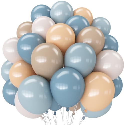 Image of Dusty Blue Neutral Balloons, 12Inch Retro Blue Boho Apricot Latex Balloons, Double Stuffed Nude White Party Balloon for Boho Baby Shower Boys Birthday Wedding Bear Theme Newborn Welcome Party Decor