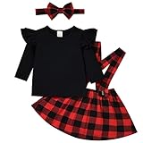 Toddler Infant Baby Girls Christmas Outfits Buffalo Plaid Suspender Skirt Xmas Clothes Set (Black,...