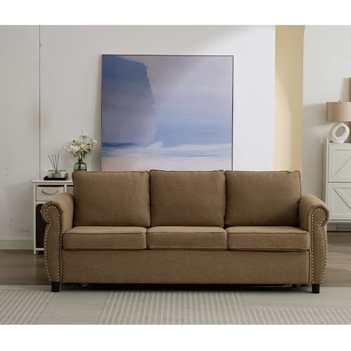 Image of Modern 3 Seat Sofa Couches with Pull Out Queen Memory Mattress Sleeper Bed, 2-in-1 Convertible 3 Seater Sofa Couch W /Rivet Decor and Scroll Armrests for Home Apartment