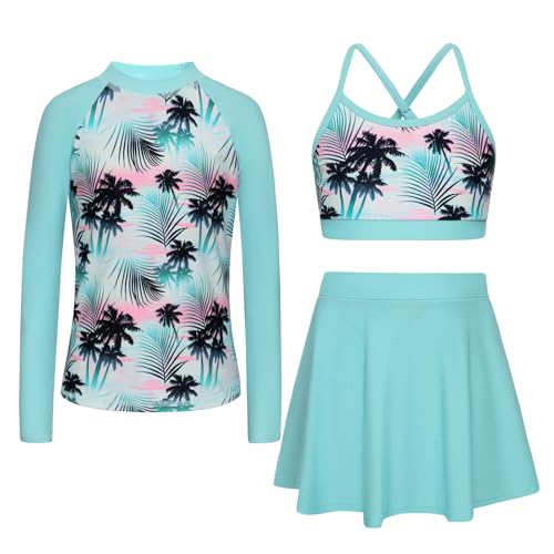 Image of Girls Swimsuit Long Sleeve Swim Shirt 3 Piece Rash Guard for Girls Bathing Suit with Boyshorts