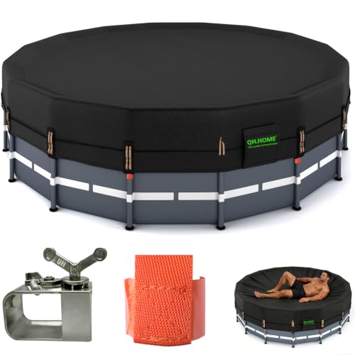 QH.HOME 550D 18ft Pool Cover Round[Upgraded Tear Resistant & Quadruple Windproof] wth Pre-Installed Patented Winch and Rope Pool Covers for Above Ground Pools-Snug Fit & Waterproof Protection