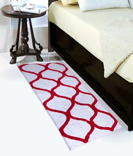 Image of Anti-Skid Bedside Runner for Bedroom Super Soft Microfiber Carpet for Bedroom, Living Room & Entrance | Washable Non-Slip Floor Mat (White /Red, 2x8 FT)