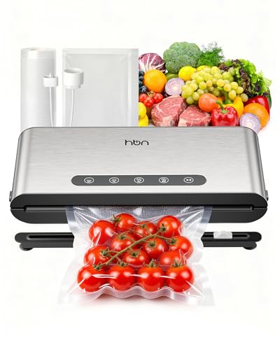Image of HBN Food Vacuum Sealer Machine, 70kPa Automatic Sealer for Dry & Moist Food, Hands-Free Lid, Stainless Steel, External Cutter & Bag Storage, Includes 1 Roll & 20 Bags