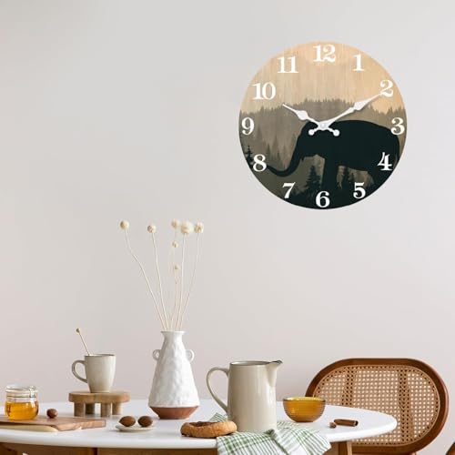 Image of XFM Vintage Elephant Wall Clock 10 inch Silent | Non-Ticking Forest Wildlife Battery Operated Rustic Farmhouse Clock for Kitchen Bedroom Office