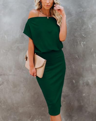 Image of EZBELLE Women's Summer Dress Off The Shoulder Short Sleeve Ribbed Casual Party Bodycon Midi Dresses