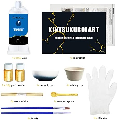 Kintsugi Repair Kit, Repair Treasured Ceramics Items with 50ML Gold Powder Glue, Entry-Level Kintsugi Kit, with a Practice Ceramic Cup