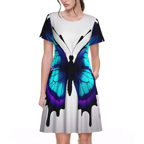 Robe d'été bleu violet fluide pour femme active motif papillon