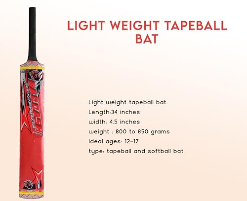 34” Lightweight Bat for Tape Ball & Soft Tennis Ball Cricket Bat for School & College Boys & Girls (Ages 12-17) Naqqash Sports (Red)
