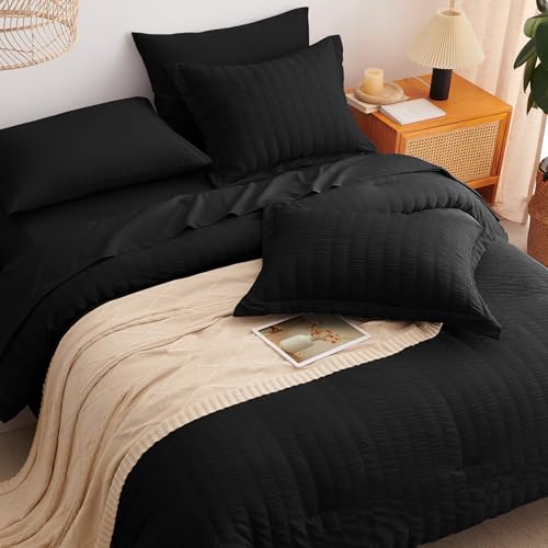 Image of CozyLux Oversized King Comforter Set with Sheets, 7 Pieces 120 inchx98 inch Black Seersucker Bed in a Bag, Luxury Soft Bedding Set with Down Alternative Comforter, Sheets, Pillowcases & Shams, Bedroom Bed Set