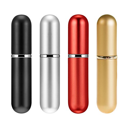 Newkeen 4 Botellas de Perfume atomizador, Mini Botella de Aerosol Portátil, rellenable, Botella de Viaje Vacía en Spray (Negro, Plata, Rojo, Morado, 6 ML)