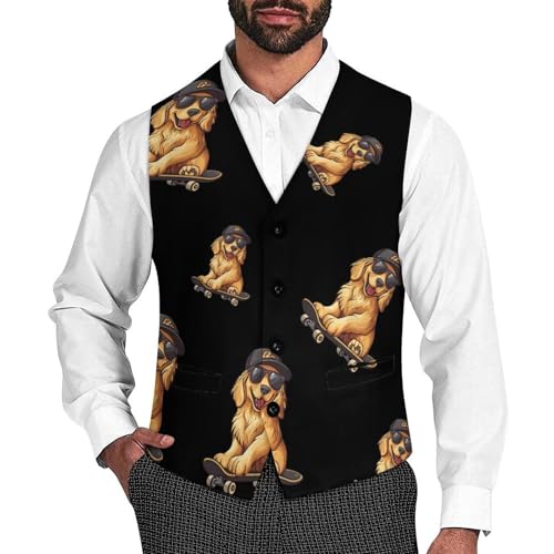 Cool Retriever Dog Skateboard Mens Slim Fit Suit Vest Dress Waistcoat Casual Business Vest