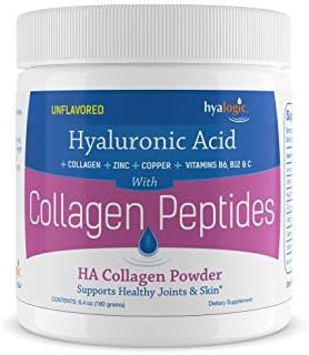 Hyalogic Collagen Peptides Powder – w/Hyaluronic Acid, Hydrolyzed Types 1 & 3, Grass Fed, Keto Protein Powder Supplement for Hair Growth, Skin, Nails, Joints Unflavored Easy to Mix 6.4 oz (180 gr.)