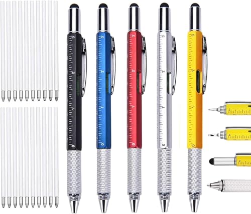 KEWAYO Multifunktionsstift 8 pack, 6 IN 1 Multifunktions Kugelschreiber mit Lineal, Wasserwaage, Stylus, Schraubendreher, Minen, kreative Geschenke für Männer (gelb, schwarz, gold, silber) (8)