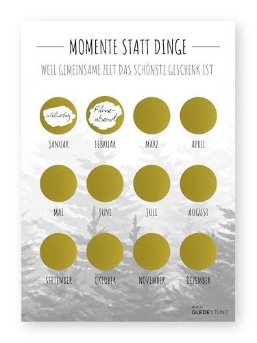 GLEDESTUND „Momente statt Dinge“ – Gutschein-Kalender DIN A4 mit 12 goldenen Rubbelstickern | Zeit statt Zeug Geschenk | Date-Kalender für...