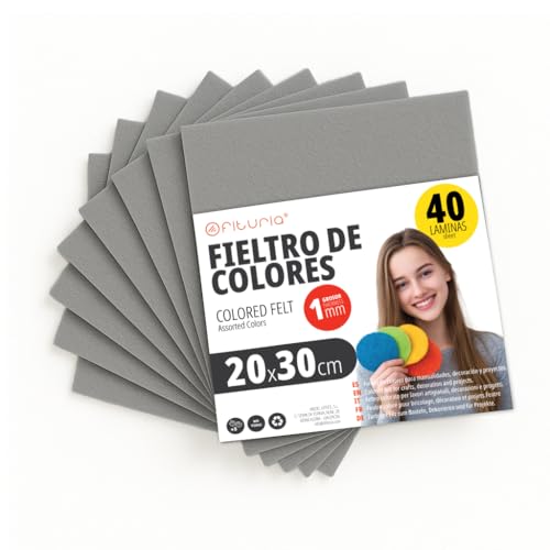 OFITURIA Bastelfilz für DIY-Projekte, Bunte Filzstoffe für Patchwork, Nähen, Schule, Kunst und Dekoration 20x30cm (Grau, 40 Stk) – Ansicht 1