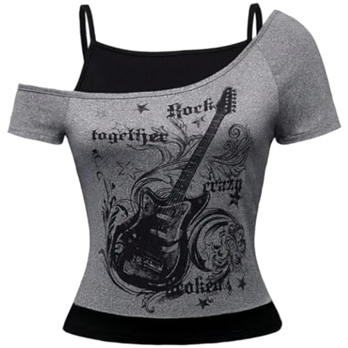 Opiniones y reviews de Camisetas y tops para Niña favoritos de las personas. 43 Gcroet 1 Camiseta Grunge Vintage Y2k Tops Manga Corta Fuera del Hombro Camiseta para Mujeres niñas M