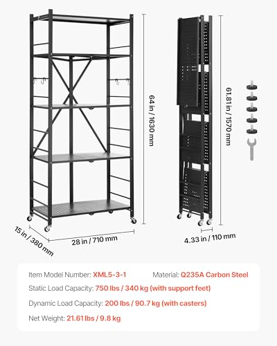 Image of VEVOR 5-Tier Foldable Storage Shelf, 28W x 15D x 64H Inch Folding Metal Rack Shelving Unit, No Assembly Organizer Shelf with 5 Wheels & 4 Hooks for Pantry, Kitchen, Garage, Basement, Black