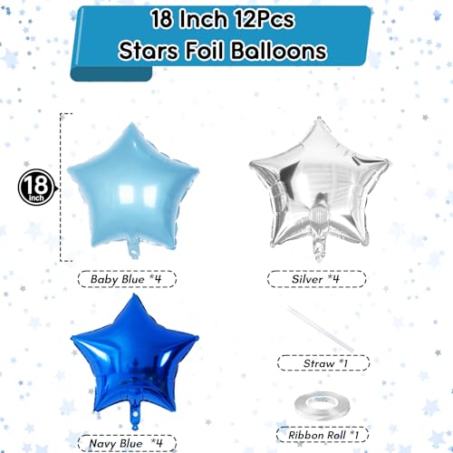 Blue Star Foil Balloons, 18 Inch Royal Blue Silver Stars Shape Mylar Helium Balloons 12 Pcs Large Light Blue Silver Pentagram Balloons Party Decoration for Birthday Graduation Baby Shower - Thumbnail 2