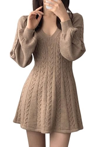 CHARTOU Women Fall Chunky Cable Knit V Neck Lantern Long Sleeve Pullover Sweater Dress