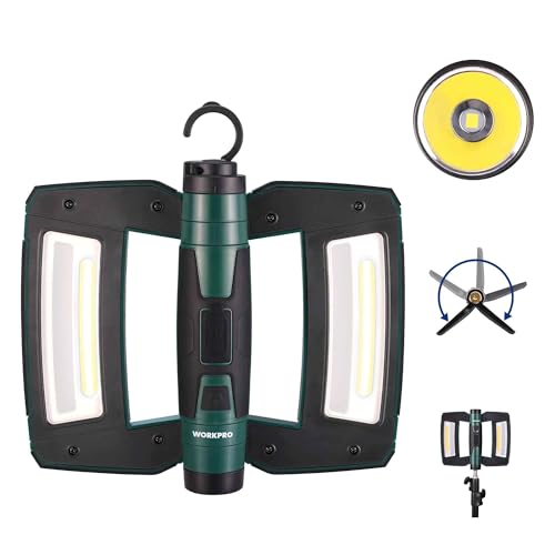 WORKPRO Rechargeable USB-C LED Work Light, Foldable Magnetic Light with Hanging Hook, 270° Rotatable, Tripod Mountable, Cordless Flashlight Light for Garage, Workshop, Auto Repair, Camping