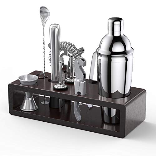 Bartender Kit with Stand, Stainless Steel Cocktail Shaker Set with 10-Piece Bar Tools/Bar Accessories for Home, Bars, Traveling and Outdoor Parties Drink Mixer Bartending