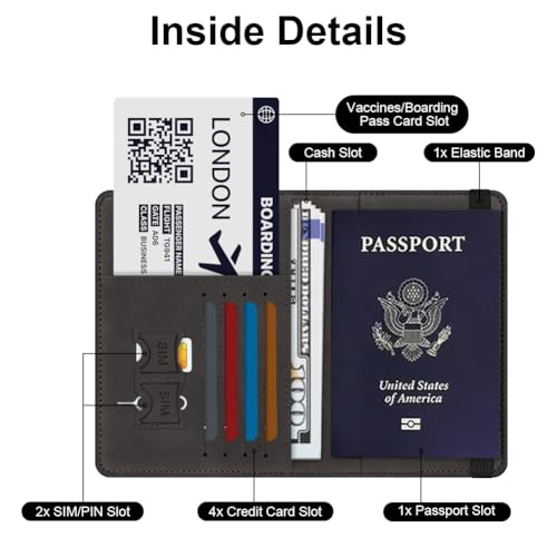 Image of Passport Holder Cover, PU Leather Passport Cover with RFID Blocking Travel Wallet, Portable Universal Travel Wallet Case Organiser for Money, Boarding Passes, Credit Cards, Black, 14.8 x 11 cm