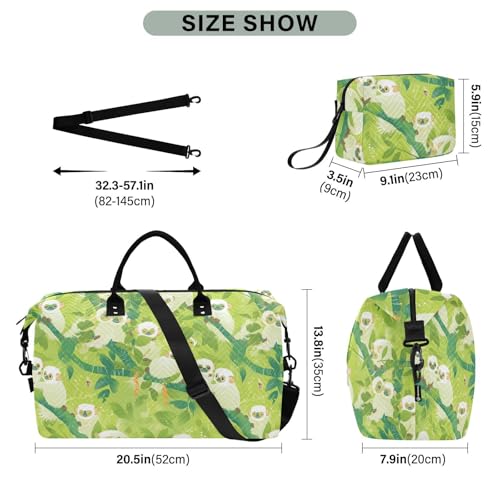Travel Hand Bag Cartoon Sifaka Light Green Shoulder Weekender Overnight Bag with Toiletry Bag for Workout 2 Pcs Set bolso viajero para mujer3