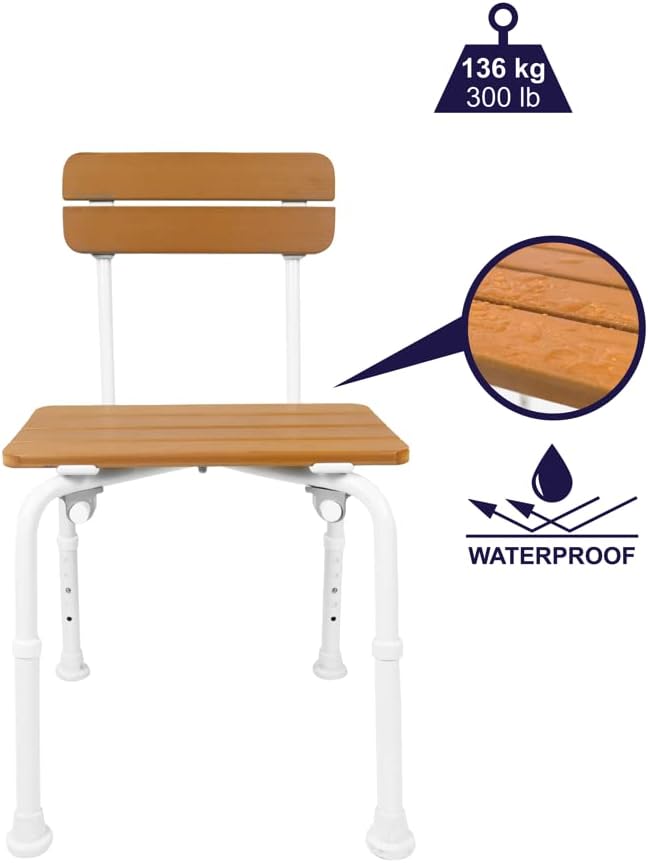 KMINA Shower Chair, Wood Effect, Adjustable Height, Non Slip Feet, Free and Easy Assembly, Bath Seat for Elderly, Disabled, Pregnancy & Post Surgery