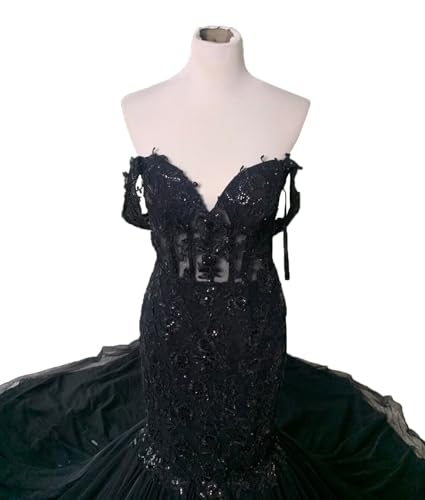 Ftupza Tulle Mermaid Wedding Dresses for Bride Off Shoulder Lace Wedding Gown Long Black Bridal Gown2