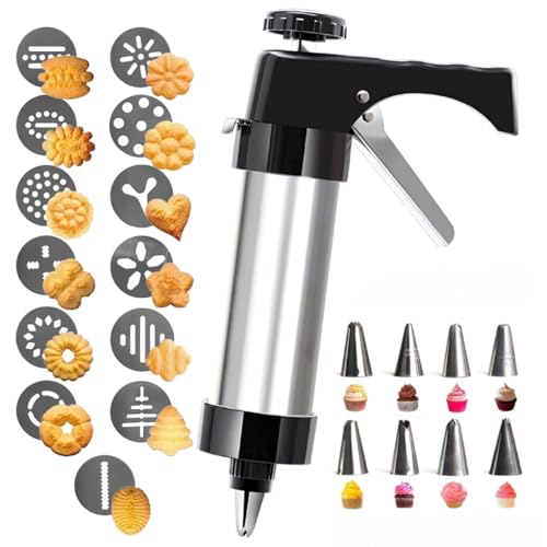 Cookie Press Gun Kit,13 Cookie Discs+8 Icing Nozzles Perfect for DIY Christmas Cookies and Decorating Cookies,Gifts for Wome（black）