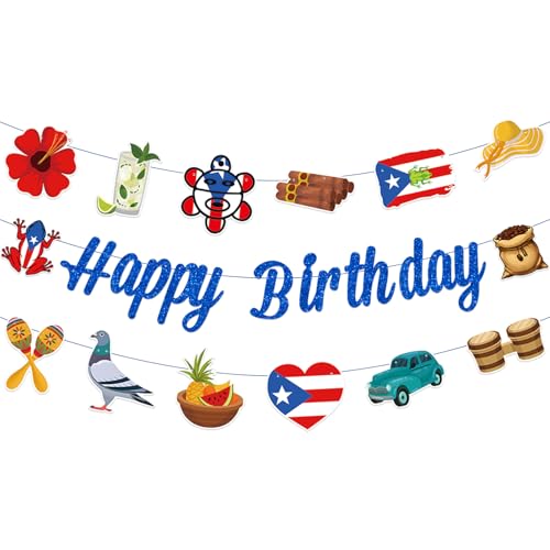 Puerto Rico Happy Birthday Banner with Island Symbols Pre-Strung Boricua Theme Garland with Flag Coqu Frog Coffee and Tropical Design Puerto Rican Fiesta Party Decorations
