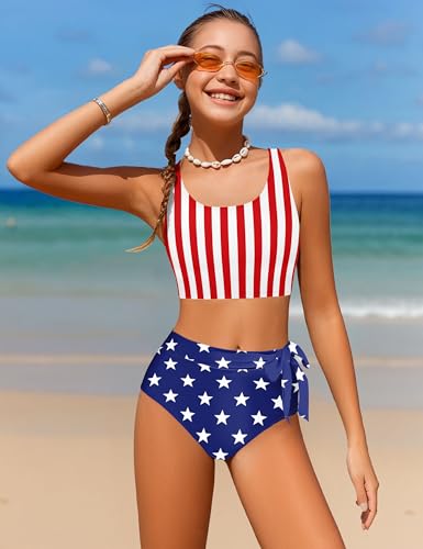 Image of Girls Tankini Swimsuits Tropical Print Bathing Suit Two Piece Girls' Swimwear with Tie Side Knot 9-16T
