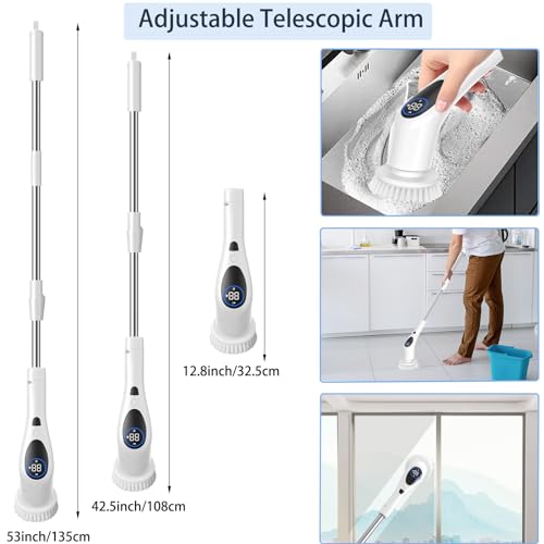 Electric-Spin-Scrubber-Cordless-Cleaning-Brush-with-Adjustable-Extension-Arm-9-Replaceable-Cleaning-Heads-LED-Screen-Voice-3-Adjustable-Speeds-Power-Shower-Scrubber-for-Bathroom-Tub-Tile-Floor